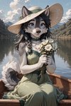 anthro black_hair blue_eyes boat bouquet braided_hair breasts cheek_tuft choker clothed clothing cloud dress facial_tuft female flower front_view fur furgonomics grey_body grey_fur hair hat headgear headwear holding_flower holding_object jewelry lake mountain nature necklace outside plant sitting sky smile solo sun_hat tuft vehicle water watercraft white_body white_fur sturmwulf canid canine canis mammal wolf 2025 hi_res