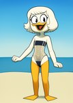 anatid anseriform anthro avian beach beak bird black_eyes clothing cloud9999 disney duck ducktales ducktales_(2017) eyebrows eyeliner female flat_chested full-length_portrait glistening glistening_eyes gris_swimsuit hair happy hi_res looking_at_viewer makeup membrane_(anatomy) open_mouth open_smile orange_legs portrait raised_eyebrows seaside short_hair simple_background smile solo swimwear tight_clothing tongue translucent webbed_feet webby_vanderquack white_body white_hair white_skin young