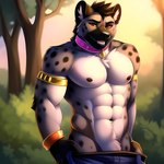 abs absurd_res anthro areola armband bottomwear bottomwear_pull bracelet bumblebee95 clothed clothing clothing_pull collar genitals hi_res hyaenid jewelry male mammal muscular nipples pants pants_pull pecs penis pubes red_eyes seductive solo topless undressing