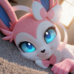<3 <3_eyes ambiguous_gender black_nose blue_eyes bowtie carpet close-up eyelashes feral fluffy fur light light_beam looking_back paws pink_body pink_fur simple_background snaggle_tooth solo sparkles sunbeam sunlight white_body window xanazebra nintendo pokemon eeveelution generation_6_pokemon pokemon_(species) sylveon hi_res