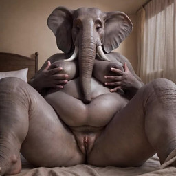 anthro bed bedroom breasts female furniture genitals looking_at_viewer on_bed overweight overweight_female pussy sitting sitting_on_bed solo trunk tusks splice elephant elephantid mammal proboscidean animated short_playtime webm