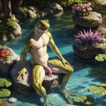 anthro balls biped countershade_face countershade_torso countershading feet fingers flower genitals green_body lily_pad male open_mouth open_smile partially_submerged penis plant smile solo toes water logically amphibian frog hi_res