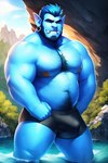 absurd_res belly body_hair bottomwear bulge chest_hair clothing ear_piercing hi_res humanoid male nipples orc outdoors outside pecs piercing pup_tobey solo water waterfall