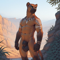 animal_genitalia anthro balls big_balls bracelet brown_body brown_fur fully_sheathed fur fur_markings genitals green_eyes jewelry looking_away male markings muscular muscular_anthro muscular_male necklace nude outside sheath solo tribal tribal_jewelry tribal_markings white_markings gertgrg euplerid fossa mammal hi_res