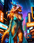 anthro bottomless clothed clothing female genitals horn neon_lights night night_sky nightgown pussy solo street walking denis0k dragon hi_res