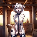 animal_print anthro barn big_breasts breasts clothing collar cow_print female fur genitals hair leaning leaning_forward leash legwear looking_at_viewer nipples nude pussy red_eyes smile solo spots spotted_body spotted_fur standing stockings white_body white_fur white_hair neutron_alchemist canid canine canis dalmatian domestic_dog mammal