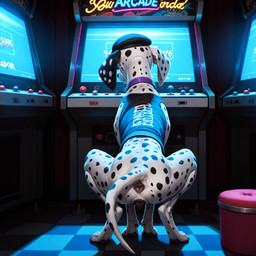 4_toes ambient_light anatomically_correct anatomically_correct_genitalia animal_genitalia animal_pussy anus arcade arcade_cabinets black_spots canine_genitalia canine_pussy chair clothed clothed_feral clothing collar dark_room dewclaw feet female feral fur furniture genitals hat headgear headwear inside inviting looking_away nails piercing presenting pussy shirt sitting solo spots tail_anus toes topwear video_games white_body white_fur pleasedontlook canid canine canis dalmatian domestic_dog mammal hi_res