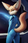 anthro canid canine clothing fennec fox looking_at_viewer looking_back looking_back_at_viewer male mammal prompt rear_view solo space suit voidfly_(director) yellow_eyes zero_suit