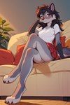 anthro bottomwear breasts clothing crossed_legs female looking_at_viewer low-angle_view medium_breasts miniskirt shirt sitting skirt solo t-shirt topwear foxlover7796 hioshiru canid canine canis enfield mammal hi_res