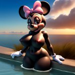 accessory anthro big_breasts big_ears black_body black_breasts bow_ribbon breasts clothing disney female gloves hair_accessory hair_bow hair_ribbon handwear nipples nude partially_submerged pink_bow ribbons sky solo solo_focus water white_clothing white_gloves white_handwear minnie_mouse mammal mouse murid murine rodent