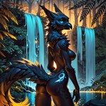 anthro avian bird black_body blue_eyes breasts butt female looking_at_viewer nature nature_background night nipples nude outside plant presenting presenting_hindquarters solo standing tree waterfall yetanotheraiuser