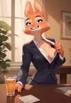 anthro areola breasts brown_areola clothing container cup female flashing flashing_breasts office piercing smile smiling_at_viewer solo suit teasing cosmosuscoliosus the_bad_guys diane_foxington canid canine fox mammal hi_res