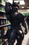 absurd_res anthro big_bulge big_muscles black_body black_clothing black_fur blush bodily_fluids bottomwear bulge canid canine canis clothing code_0_0 detailed_bulge fur hair hair_over_eyes hand_behind_head hi_res huge_pecs male mammal milo_(code_0_0) muscular muscular_male pecs pose shorts solo supermarket sweat sweaty tight_clothing timid wolf