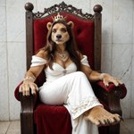 anthro black_nose brown_body brown_fur chair claws clothing crown dress feet female fur furniture paws queen royalty sitting solo throne transformation girlswithsnouts mammal ursid hi_res