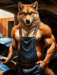 anthro black_claws black_nose canid canine canis car claws clothed clothing ginger_fur hand_in_pocket inner_ear_fluff keebler male mammal mechanic muscular nipples overalls pockets shirtless solo tuft vehicle wolf yellow_eyes