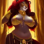 anthro bedroom_eyes bottomwear bra breasts cleavage cleavage_overflow clothed clothing female hair jewelry loincloth midriff narrowed_eyes naughty_face navel nipple_outline seductive side_boob skimpy smile solo underwear ty felid lion mammal pantherine