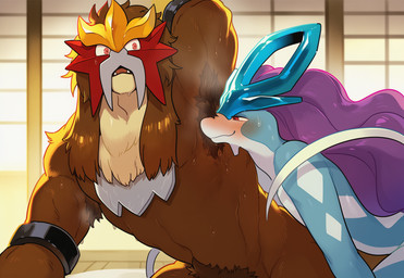 abs anthro anthro_on_anthro armpit_fetish armpit_hair armpit_showing armpit_sniffing armpit_tuft aroused biped blue_body blue_fur blush bodily_fluids body_hair brown_body brown_fur brown_pubes countershading dojo duo fur hair half-closed_eyes hand_behind_head head_crest inside looking_at_another looking_at_partner male male/male muscular muscular_anthro muscular_male musk musk_cloud musk_fetish musky_armpit narrowed_eyes navel nude pubes purple_hair raised_arm red_eyes skinny slim smile sniffing surprise sweat sweaty_armpit sweaty_body upper_body white_body white_countershading wide_eyed unknown_director nintendo pokemon canid canine entei generation_2_pokemon legendary_pokemon mammal pokemon_(species) suicune hi_res