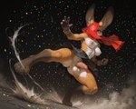 abs action_pose anthro balls bottomwear bracelets breasts claws clothing confetti covered_eye fist genitals gynomorph intersex long_ears muscular nipples pasties penis pose skirt solo toe_claws latentspaceman hi_res