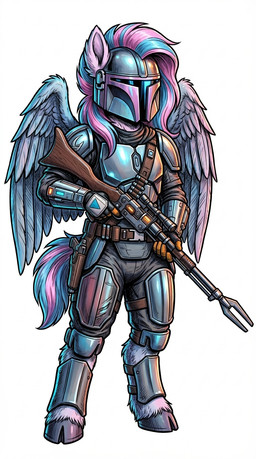 anthro armor bandolier beak belt blue_hair blue_mane blue_tail bottomwear breastplate clothing ears_up feathered_tail feathered_wings feathers female fur gloves gun hair handgun handwear headgear helmet hooves knee_guards mane multicolored_hair multicolored_mane multicolored_tail nano_banana nano_banana_pro pink_body pink_feathers pink_fur pink_hair pink_mane pink_tail pistol ranged_weapon rifle shin_guards shorts shoulder_armor shoulder_pauldron simple_background solo thigh_guards vambrace vambraces visor weapon white_background wings greaterfurrymaster friendship_is_magic my_little_pony star_wars silverstream_(mlp) avian hippogriff mandalorian mythological_avian hi_res