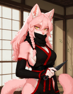 anthro armwear asian_clothing backlighting bare_shoulders belt black_clothing braided_hair braided_sidelock breasts cat_nose ceiling clothing clothing_cutout countershading east_asian_architecture east_asian_clothing elbow_gloves female fingerless_elbow_gloves fingerless_gloves fishnet fluffy fluffy_tail fundoshi fur fusuma gloves hair hair_between_eyes half-closed_eyes handwear hip_vent holding_object holding_weapon inner_ear_fluff inside japanese_clothing kunai light long_hair looking_at_viewer narrowed_eyes ninja particles pink_body pink_fur pink_hair pink_nose red_trim rope rope_belt scarf shoji side_boob single_braid sliding_doors solo tuft underwear warrior weapon whiskers white_body white_fur white_inner_ear_fluff yellow_eyes gshepanon cathy_(character) felid feline felis mammal hi_res lighting portrait three-quarter_portrait