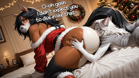 anal anthro bed bedroom big_butt black_hair blush breasts brown_body brown_fur butt butt_grab christmas christmas_clothing christmas_decorations christmas_tree clothed clothing duo female female/female fur furniture grabbing grey_body grey_fur hair hand_on_butt nude on_bed oral plant red_clothing rimming sex size_difference tail text thick_thighs tree white_body white_hair ayo_keito domestic_cat equid equine felid feline felis horse mammal absurd_res hi_res watermark