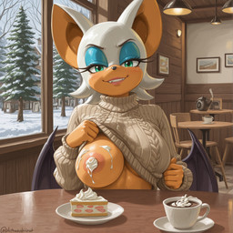 anthro areola beverage breasts clothing container cup detailed_background eyeshadow female flashing flashing_breasts food fur green_eyes lipstick looking_at_viewer makeup nipples smile smiling_at_viewer solo sweater tan_body tan_skin topwear white_body white_fur window wings winter swiffer sega sonic_the_hedgehog_(series) rouge_the_bat bat mammal hi_res