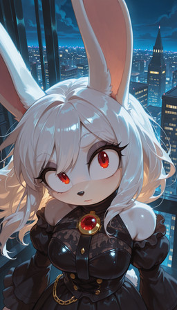 anthro breasts brooch clothing dress eyebrows eyelashes eyeshadow female fur hair long_ears long_hair looking_at_viewer makeup night red_eyes solo standing white_body white_fur white_hair crody sega sonic_the_hedgehog_(series) lagomorph leporid mammal rabbit hi_res