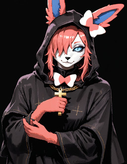 5_fingers anthro anthrofied black_background black_clothing black_nose blue_eyes chain claws clothed clothing cross cross_necklace female fingers front_view fur gold_(metal) hair hair_over_eye hood jewelry looking_at_viewer multicolored_body multicolored_fur necklace one_eye_obstructed pink_body pink_fur pink_hair pixelated priest pupils ribbons simple_background smile solo topwear white_body white_fur colossal_exhoost_fume nintendo pokemon eeveelution generation_6_pokemon mammal pokemon_(species) sylveon portrait