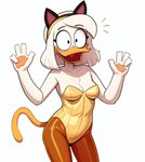 accessory anthro beak black_eyes breasts bunny_costume cat_tail cleavage clothed clothing costume disney ducktales ducktales_(2017) eyebrows eyeliner fake_cat_ears fake_ears female glistening glistening_clothing gold_clothing hair hair_accessory hairband happy leggings legwear long_tail makeup non-mammal_breasts open_mouth orange_legs paw_pose pawpads pose raised_eyebrows short_hair simple_background solo surprise tongue tuft white_background white_body white_hair white_skin wide_eyed cloud9999 della_duck anatid anseriform avian bird duck hi_res portrait three-quarter_portrait