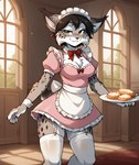 anthro apron black_hair blush breasts cleavage clothed clothing dress female food fur garter_straps green_eyes hair holding_object inside legwear looking_at_viewer maid_uniform pancake pink_clothing smile solo stockings thigh_highs twokinds uniform waiter window anontk alice_reed_(twokinds) felid feline lynx mammal hi_res