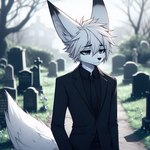 anthro black_clothing black_nose cemetery clothing dall-e_3 day detailed_background fur grass gray_eyes grey_eyes hair male outside plant solo suit tombstone tree white_body white_fur white_hair lucifluffy wilek canid canine fennec fox mammal half-length_portrait portrait