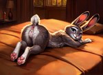 anthro anus ass_up bed butt dusk ears_up evening female furniture genitals inside looking_at_viewer looking_back looking_back_at_viewer lying nude_female on_bed on_front pillow presenting presenting_anus presenting_hindquarters presenting_pussy pussy raised_tail smile solo zootopia majorrenegade judy_hopps lagomorph leporid mammal rabbit