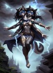 2_heads 4_arms anthro black_hair blue_eyes breasts canid canine canis cerberus cleavage cloak clothed clothing female floating glowing glowing_eyes hair halfcerberus hi_res hybrid lightning long_hair magic magic_user mammal multi_arm multi_head multi_limb multifur solo storm_clouds wolf wraps zylia