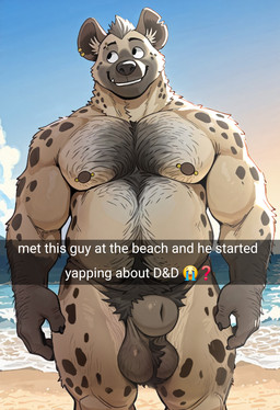 animal_genitalia anthro balls beach beach_background big_hands body_hair brown_nipples bulge chest_hair chubby_male clothing ear_piercing ear_ring eyebrow_piercing eyebrows facial_piercing genitals gold_(metal) gold_jewelry hairy hairy_arms happy_trail inner_ear_fluff jewelry looking_away male mane musclegut muscular muscular_arms muscular_male muscular_shoulders nipple_piercing nipples notched_ear open_mouth pecs piercing red_clothing ring_piercing seaside sheath slightly_chubby smile snaggle_tooth solo standing teeth thick_neck tuft leafeon_lover hyaenid mammal spotted_hyena hi_res