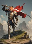 5_fingers anthro armor belt biped bottomwear breastplate cape cloak clothed clothing cloud day detailed_background fingers frown fur gloves grass handwear holding_object holding_sword holding_weapon looking_at_viewer male medieval_armor melee_weapon mountain orange_body orange_fur outside pants pauldron plant plate_armor red_cape red_clothing rock shoulder_guards sky solo spaulder standing sword tuft vambrace warrior weapon white_body white_fur anonymous_director canid canine fox mammal full-length_portrait hi_res portrait