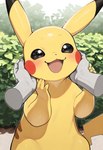 black_eyes blush disembodied_hand duo fur garden hand_on_cheek happy holding_head male silly simple_background smile tail yellow_body yellow_fur maxoggami_(director) nintendo pokemon generation_1_pokemon pikachu pokemon_(species) absurd_res hi_res