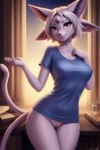 anthro bottomless breasts clothed clothing eeveelution espeon female generation_2_pokemon genitals hair looking_at_viewer night pink_body pink_eyes pink_hair pokemon_(species) pokemorph pussy shirt solo t-shirt topwear