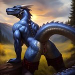 absurd_res anthro anus blue_body blue_scales breasts butt dragon female genitals hi_res multicolored_body muscular muscular_female non-mammal_breasts outdoors presenting presenting_hindquarters pussy scales scalie smile solo two_tone_body