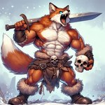 abs anthro bara barazoku barbarian big_muscles bing_image_creator blue_eyes bone boots bottomwear bushy_tail clothed clothing dall-e_3 footwear fur holding_object loincloth male melee_weapon multicolored_body multicolored_fur multicolored_tail muscular muscular_legs muscular_thighs nipples open_mouth orange_body orange_fur orange_tail pecs shirtless skull snow solo sword true_fox weapon white_body white_fur white_tail canid canine fox mammal red_fox 1:1