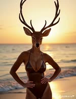 5_fingers amber_eyes anthro antlers beach big_breasts black_ear_tips black_lips black_nose blurred_background breasts brown_body brown_fur cleavage clothed clothing erect_nipples_under_clothes eyebrows eyelashes female fingernails fingers fur glistening glistening_clothing hand_on_hip happy horizon horn inner_ear_fluff lips long_eyelashes looking_at_viewer nails nipple_outline one-piece_swimsuit open_mouth open_smile outside photorealism realistic sea seaside smile solo standing sunset swimwear tongue tuft water wave silvicultor cervid mammal animated hi_res portrait three-quarter_portrait watermark webm