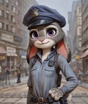 anthro belt building city city_background clothed clothing ears_down female fully_clothed hand_on_hip holster looking_at_viewer pivoted_ears police_hat police_uniform smile solo street uniform zootopia anonymous_director judy_hopps lagomorph leporid mammal rabbit hi_res