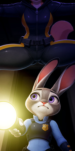 belt breasts clothed clothing duo eyebrows female fingers flashlight fur green_eyes grey_body grey_fur holding_object hoodie looking_at_viewer looking_down low-angle_view orange_body orange_fur pink_nose police police_badge police_officer police_uniform purple_eyes skinsuit smile spread_legs spreading teeth tight_clothing topwear uniform utility_belt white_body white_fur hank94_(director) disney the_bad_guys zootopia diane_foxington judy_hopps canid canine fox lagomorph leporid mammal rabbit red_fox absurd_res hi_res