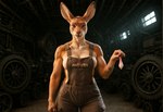 anthro athletic athletic_female blurred_background bottomwear brown_body brown_fur cinematic_lighting clothing condom dirty female filled_condom fur futuristic garage looking_at_viewer muscular muscular_female overalls overalls_only pants sexual_barrier_device slight_smile solo text tire nnam_si3 kangaroo macropod mammal marsupial hi_res
