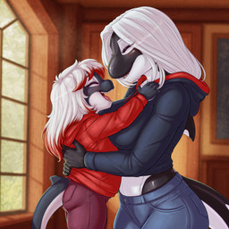 anthro bottomwear clothing daughter denim denim_clothing duo embrace eyes_closed female female/female hair happy highlights_(coloring) hoodie hug jeans mother mother_and_child mother_and_daughter pants parent parent_and_child red_highlights smile topwear white_hair yi'ang young young_female erta_wanderer cetacean delphinoid mammal marine oceanic_dolphin orca toothed_whale hi_res