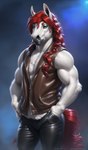 anthro clothing equid equine green_eyes hair hand_in_pocket hi_res horse icefoxai leather leather_clothing male mammal muscular pockets red_hair seductive topwear vest white_body