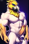 absurd_res accipitriform anthro avian balls beak bird chikais colorful digital_media_(artwork) erection feathers genitals hi_res humanoid_genitalia humanoid_penis male muscular muscular_anthro muscular_male novelai nude penis smile solo standing vulture watermark white_body white_feathers yellow_body yellow_feathers