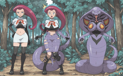 anthro apode armwear before_and_after big_breasts black_clothing black_gloves black_handwear black_legwear blue_eyes boots bottomwear breast_expansion breasts claws clothed clothing day detailed_background ear_piercing elbow_gloves expansion fangs featureless_breasts female female_human fingers footwear forest forked_tongue gloves growth hair hand_on_hip handwear human_to_anthro legless legwear light_body light_skin long_hair looking_at_viewer midriff monotone_breasts nature nature_background navel nude open_mouth outside piercing pink_tongue plant plantigrade pokemorph ponytail purple_body purple_scales red_hair scales serpentine sharp_teeth shirt shoes skirt snake_hood solo species_transformation standing stockings surprise tail teeth text thigh_highs three_frame_sequence tongue tongue_out topwear torn_clothing transformation transformation_sequence tree white_clothing gridanon nintendo pokemon jessie_(team_rocket) arbok cobra draconcopode generation_1_pokemon human mammal naga pokemon_(species) reptile scalie snake absurd_res detailed hi_res linear_sequence sequence stable_diffusion