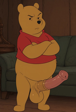 animal_genitalia animal_penis annoyed anthro balls big_balls big_penis bottomless bottomless_male clothed clothing crossed_arms equine_penis erection fur genitals glistening glistening_genitalia huge_balls huge_penis inside looking_at_viewer male medial_ring mismatched_animal_penis mismatched_genitalia mismatched_penis penis red_clothing red_shirt red_topwear saggy_balls shirt slightly_chubby solo standing thick_penis topwear yellow_body yellow_fur boxen549 winnie_the_pooh_(franchise) pooh_bear mammal ursid ursine hi_res