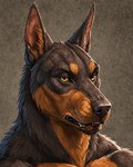 anthro black_body black_fur brown_body brown_fur fur male male_focus manly mature_anthro mature_male multicolored_body simple_background solo solo_focus teeth two_tone_body yellow_eyes themaninthewall canid canine canis dobermann domestic_dog mammal pinscher absurd_res headshot_portrait hi_res portrait