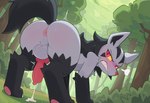 animal_genitalia animal_penis anus balls bodily_fluids butt canine_genitalia canine_penis cum feral fur genital_fluids genitals knot looking_at_viewer male penis presenting raised_tail solo twinkaton nintendo pokemon canid canine generation_3_pokemon mammal mightyena pokemon_(species)
